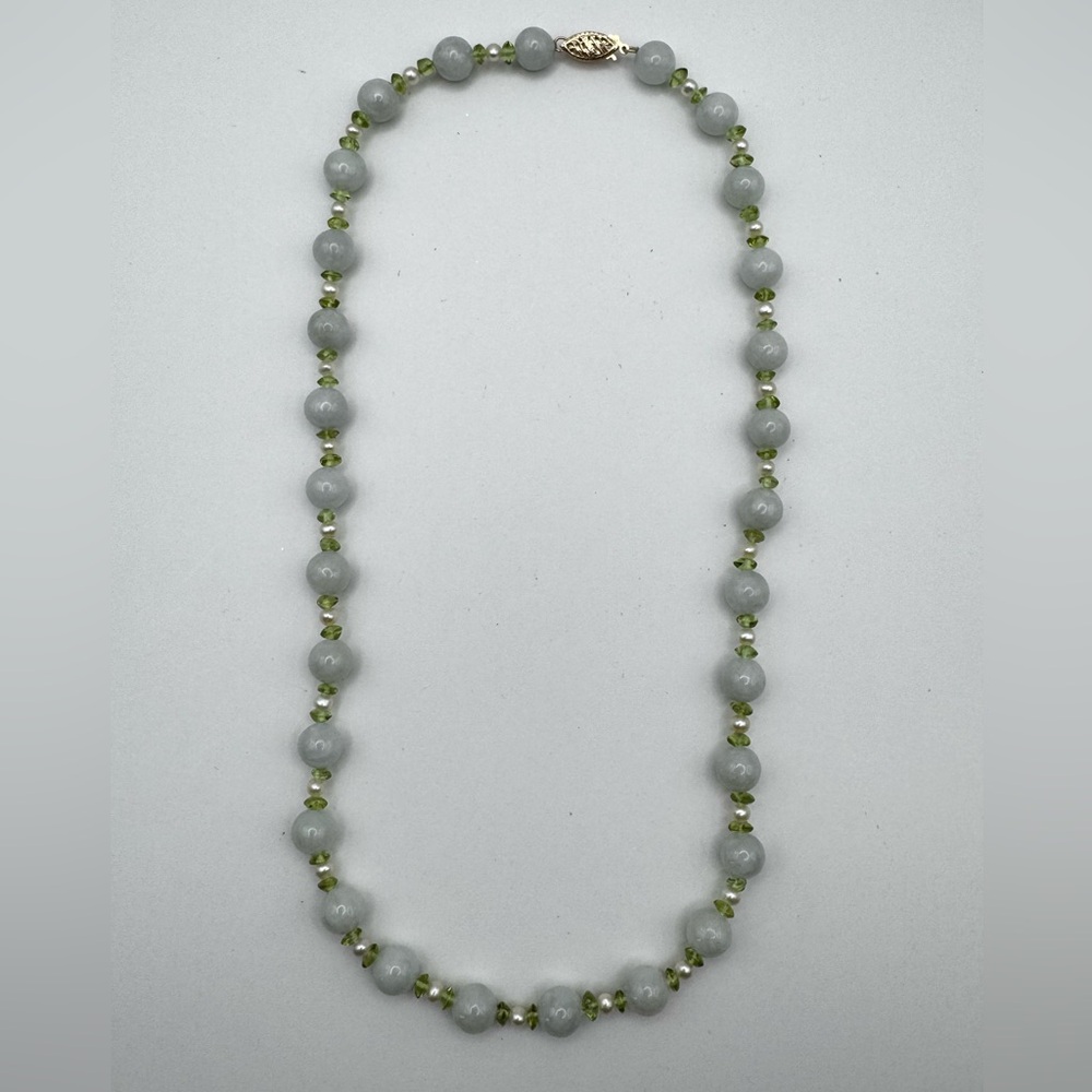 Gold Stone Jewelry Jade Pearl Peridot 14k Clasp Beaded Strand Necklace G.S.J.